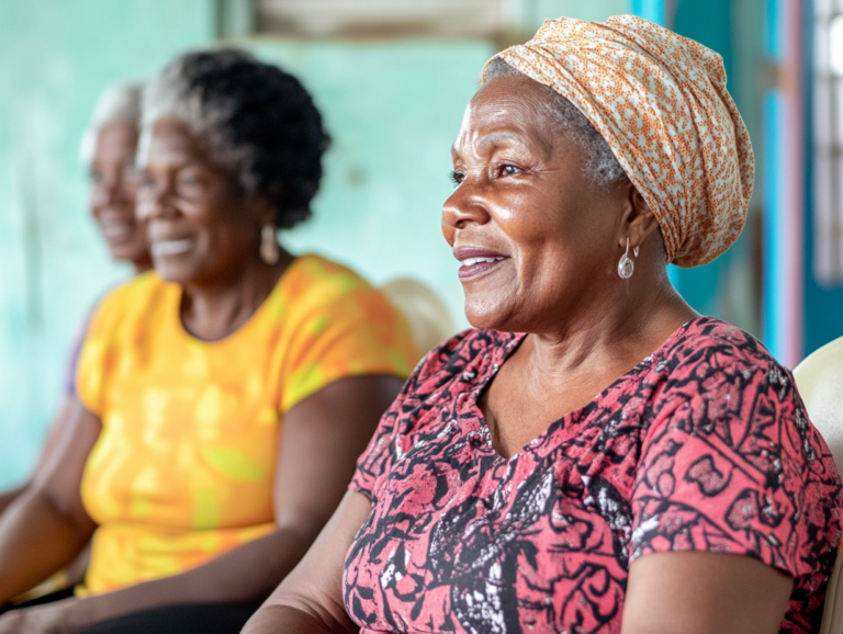 Group of Caribbean women sitting in a meeting hall