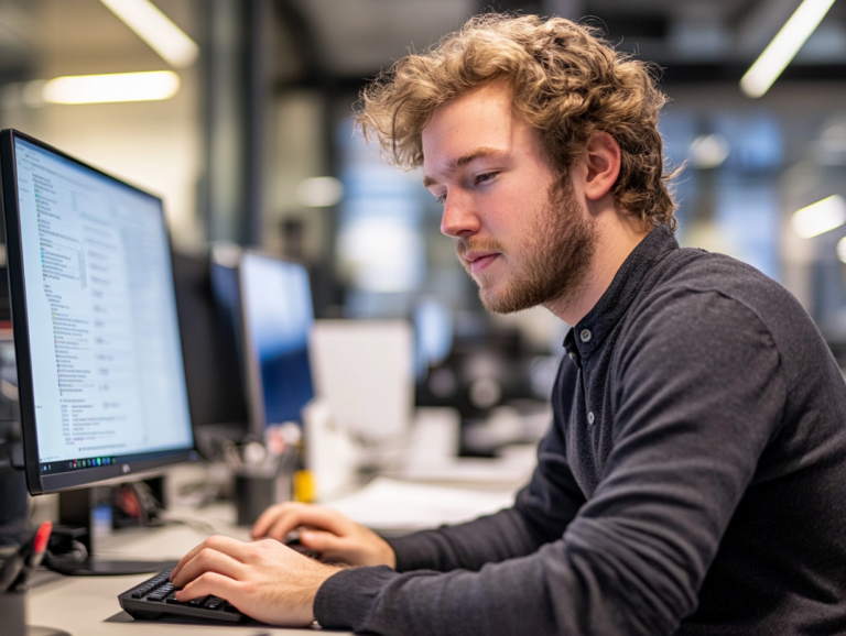 A 30 year old white male at a computer desk