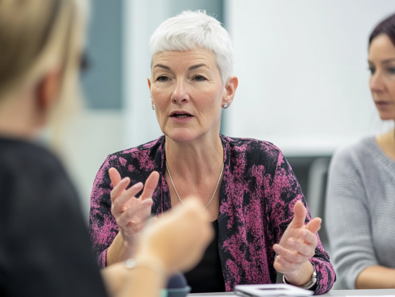 A 50 year old white woman with short grey chair talking in a meeting