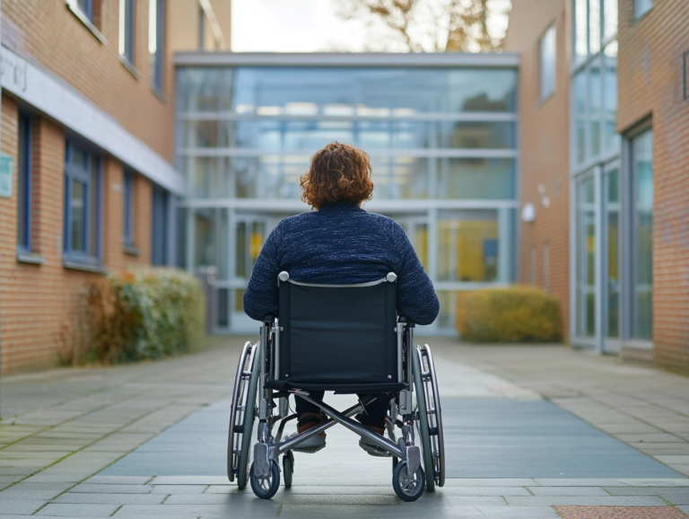 The back of the person sitting in a wheel chair outside of a hospital