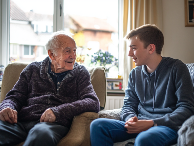 A 80 year old white man in a living room smiling at a 20 year old man sitting in arm chairs