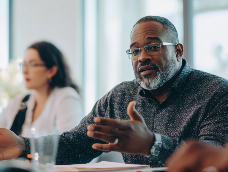 A 50 year old black man talking in a meeting