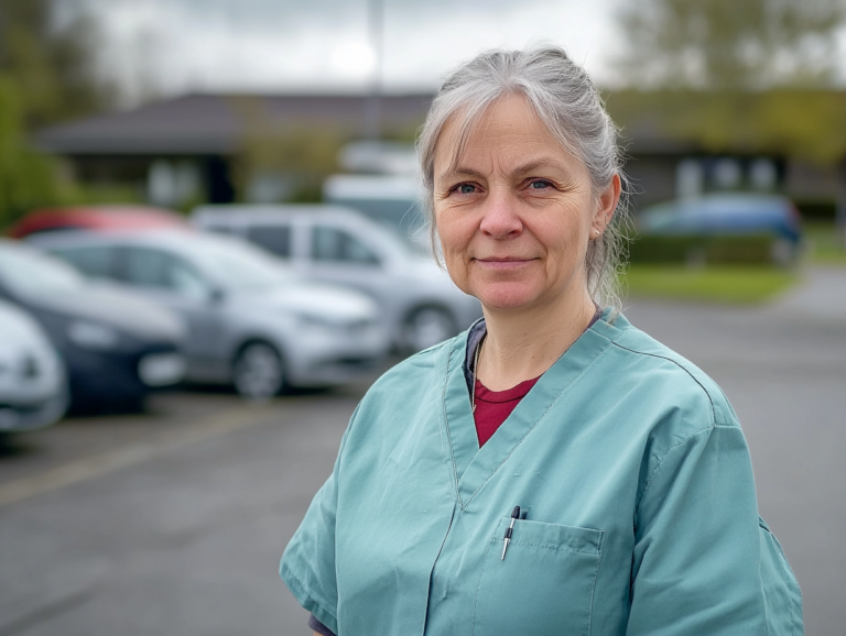 A 50 year old white women wearing blue scrubs standing in a car park