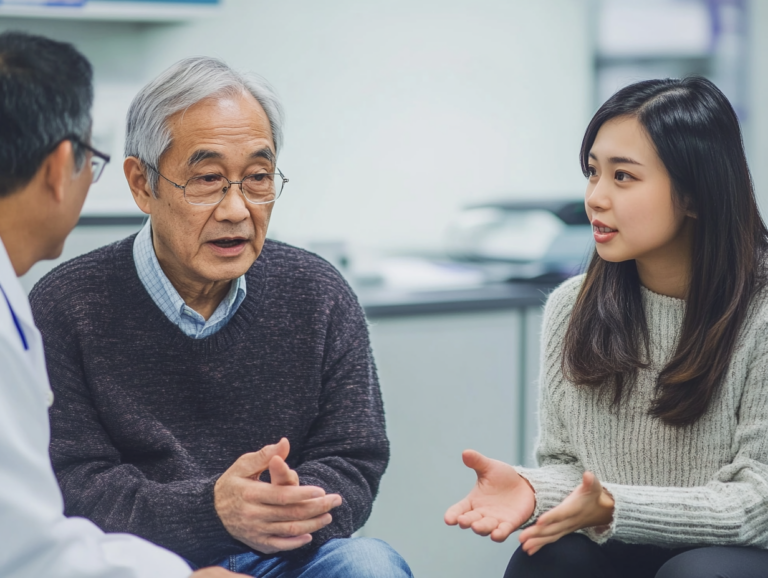 A 70 year old Asian man in a clinic room, talking with a young Asian women and a clinician